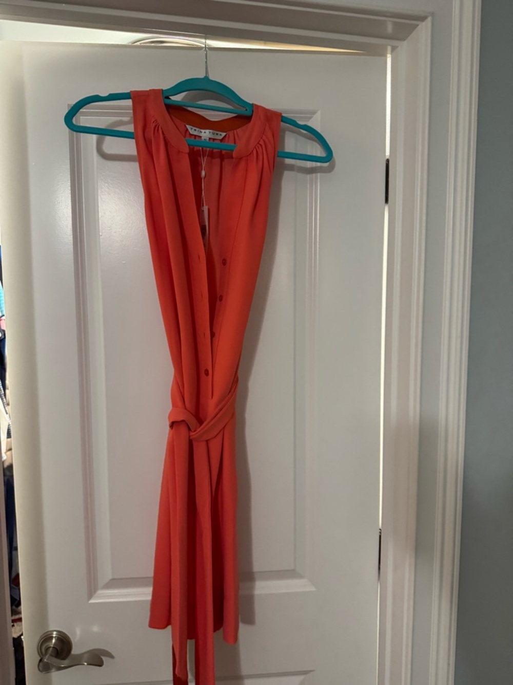 Trina Turk Coral Button-Front Tie-Waist Mini Dress